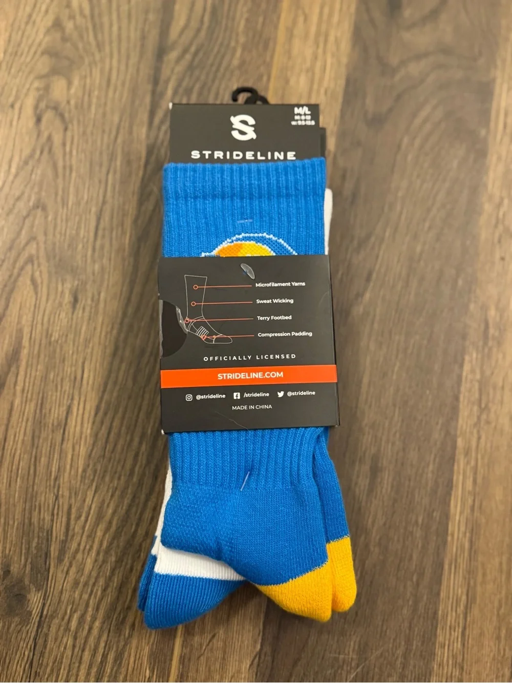 Strideline Men’s White Athletic Crew Socks with Blue & Yellow Accents